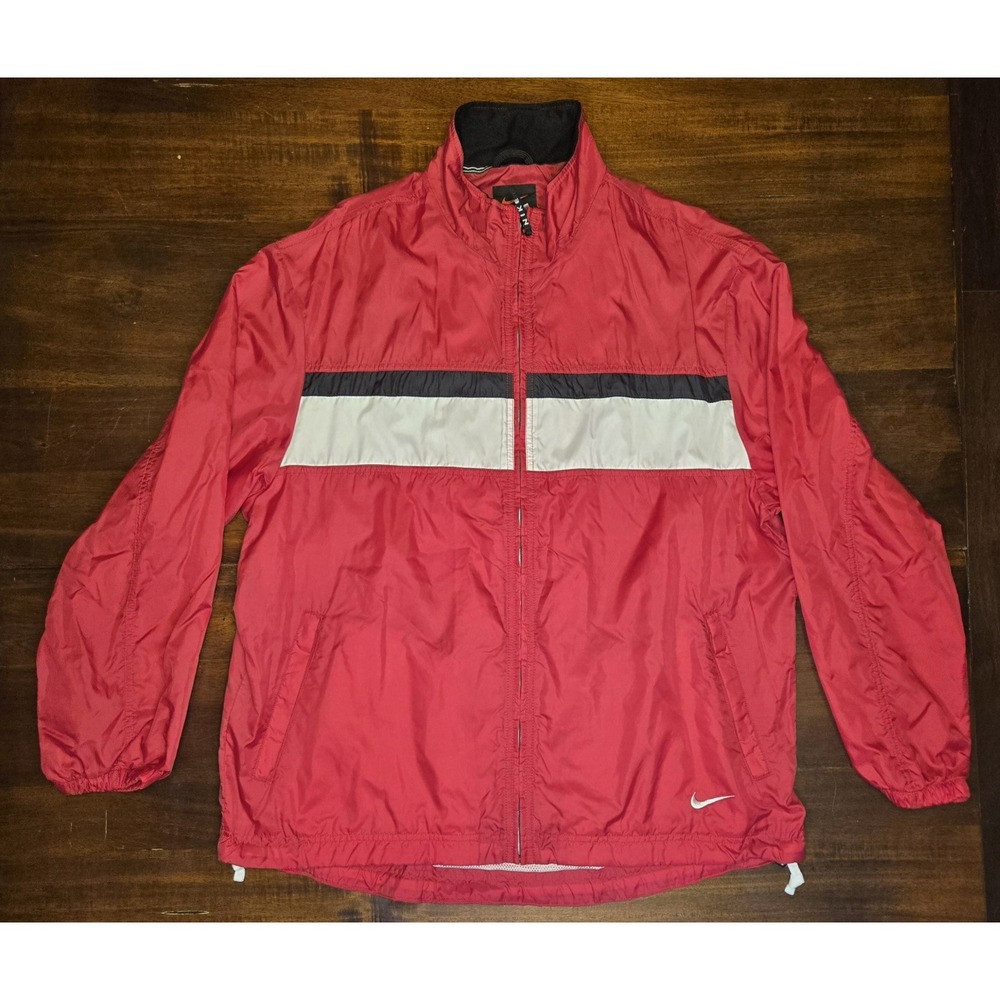 VTG 90s‎ Nike Windbreaker Jacket L Black Red White Colorblock Swoosh Logo Lined
